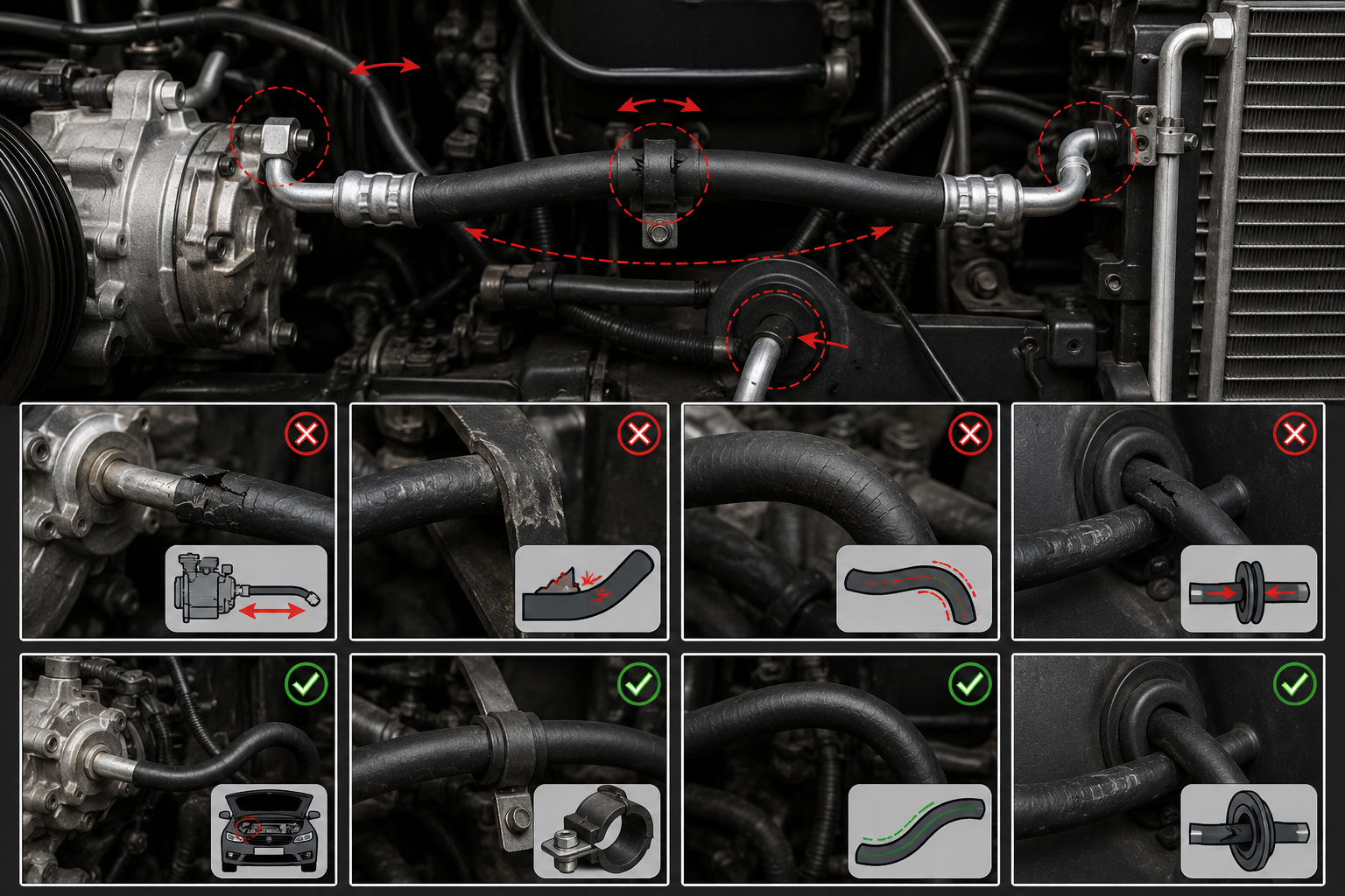Vibration wear on AC hose at contact point